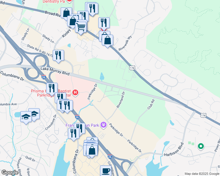 map of restaurants, bars, coffee shops, grocery stores, and more near 305 Lake Murray Boulevard in Irmo