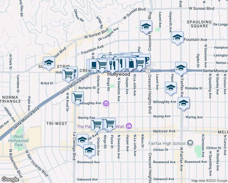 map of restaurants, bars, coffee shops, grocery stores, and more near 950 Kings Road in West Hollywood