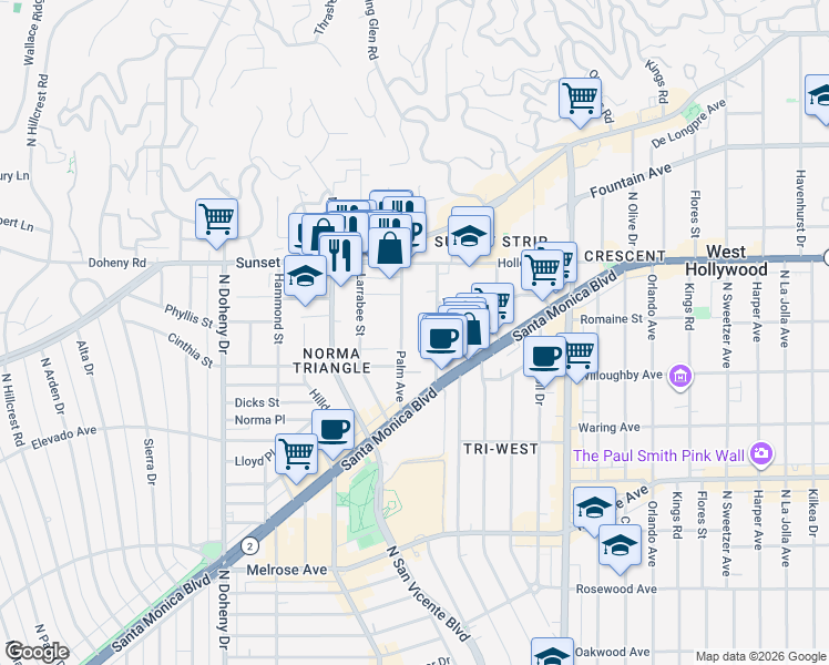 map of restaurants, bars, coffee shops, grocery stores, and more near in West Hollywood