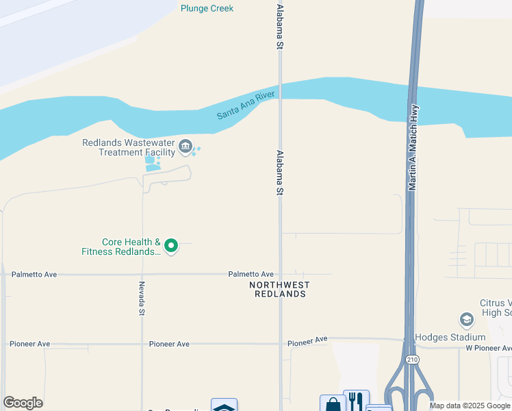 map of restaurants, bars, coffee shops, grocery stores, and more near 9092 Alabama Street in Redlands