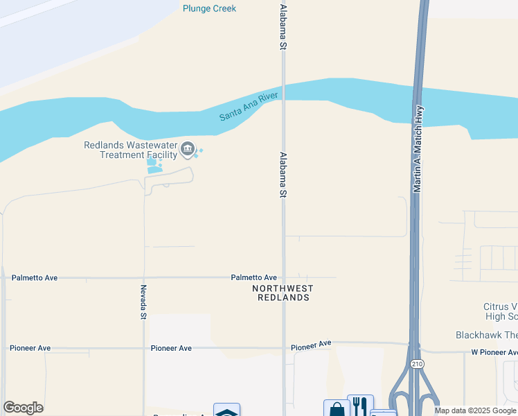 map of restaurants, bars, coffee shops, grocery stores, and more near 9092 Alabama Street in Redlands