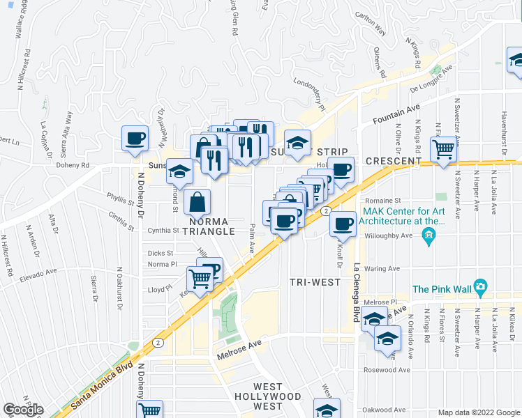 map of restaurants, bars, coffee shops, grocery stores, and more near 944 Palm Avenue in West Hollywood