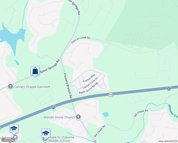 map of restaurants, bars, coffee shops, grocery stores, and more near 5291 Apple Grove Road Northeast in Buford