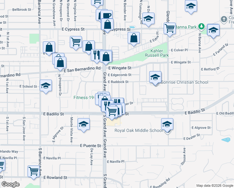 map of restaurants, bars, coffee shops, grocery stores, and more near 324 Shadyglen Drive in Covina