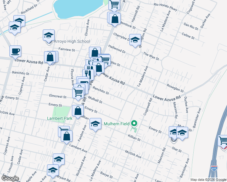 map of restaurants, bars, coffee shops, grocery stores, and more near 11718 Lower Azusa Road in El Monte