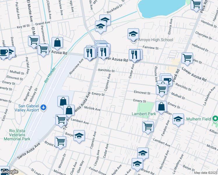 map of restaurants, bars, coffee shops, grocery stores, and more near 11111 Mulhall Street in El Monte