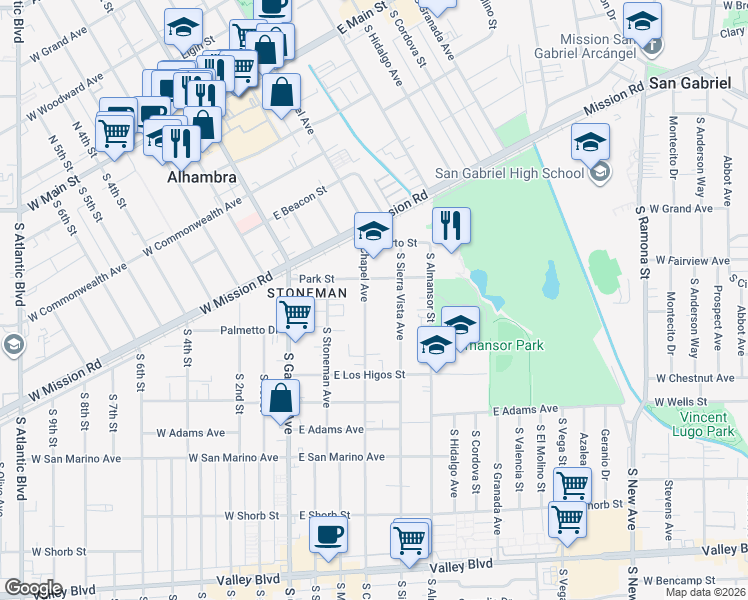 map of restaurants, bars, coffee shops, grocery stores, and more near 316 Park Street in Alhambra