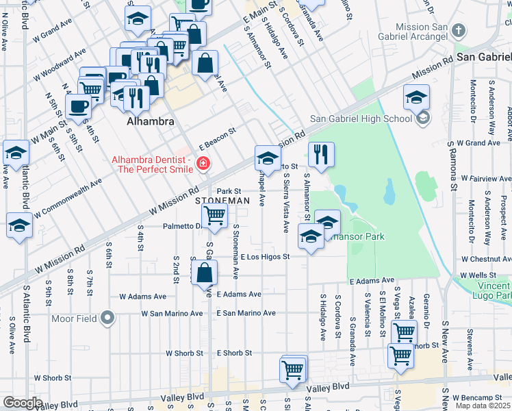 map of restaurants, bars, coffee shops, grocery stores, and more near 1124 East Park Street in Alhambra