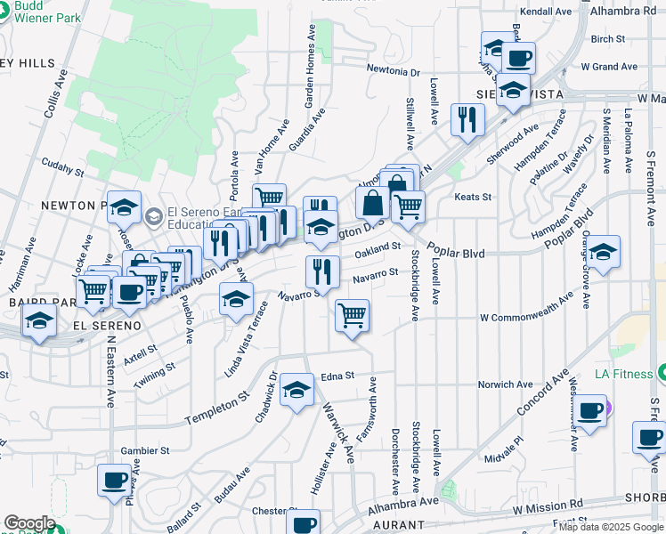 map of restaurants, bars, coffee shops, grocery stores, and more near 5303 Oakland Street in Los Angeles