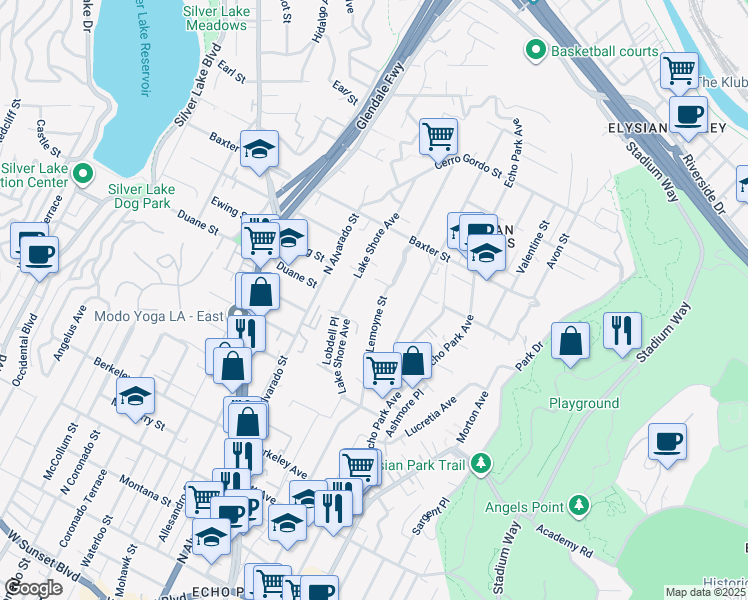 map of restaurants, bars, coffee shops, grocery stores, and more near 2001 Lemoyne Street in Los Angeles