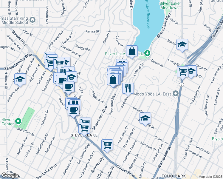 map of restaurants, bars, coffee shops, grocery stores, and more near 1637 Silver Lake Boulevard in Los Angeles