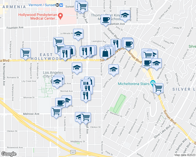 map of restaurants, bars, coffee shops, grocery stores, and more near 4227 1/4 Lockwood Avenue in Los Angeles
