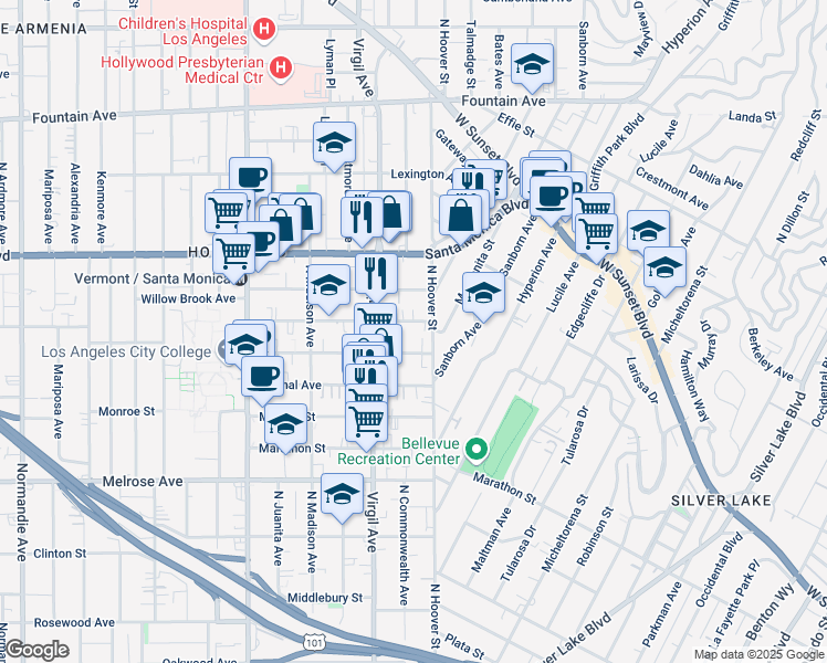 map of restaurants, bars, coffee shops, grocery stores, and more near 4227 1/4 Lockwood Avenue in Los Angeles