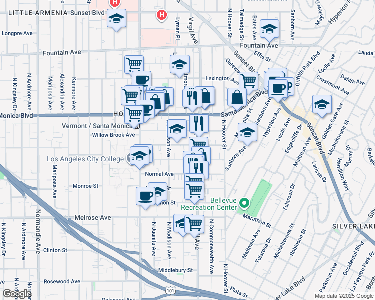 map of restaurants, bars, coffee shops, grocery stores, and more near 957 North Virgil Avenue in Los Angeles