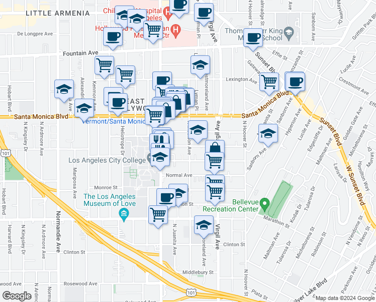 map of restaurants, bars, coffee shops, grocery stores, and more near 4421 Lockwood Avenue in Los Angeles