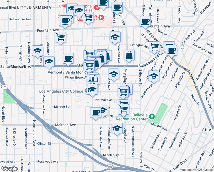 map of restaurants, bars, coffee shops, grocery stores, and more near 4421 Lockwood Avenue in Los Angeles