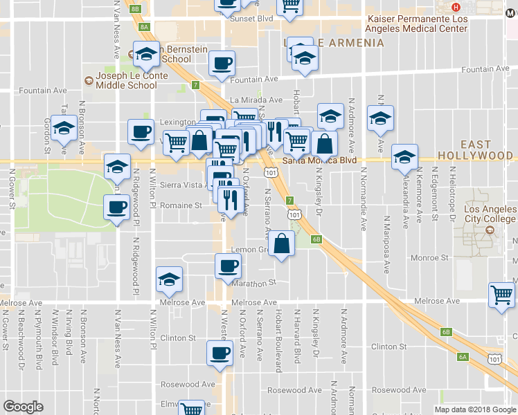 map of restaurants, bars, coffee shops, grocery stores, and more near 1013 North Serrano Avenue in Los Angeles