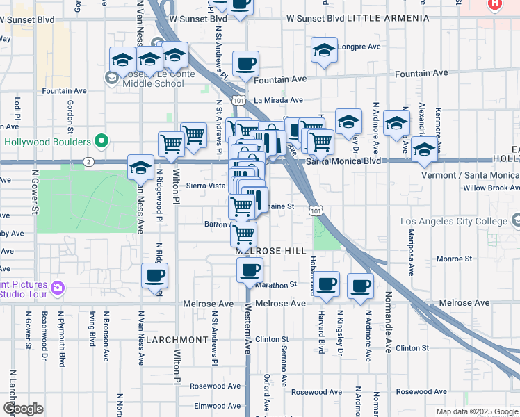 map of restaurants, bars, coffee shops, grocery stores, and more near 1015 North Oxford Avenue in Los Angeles