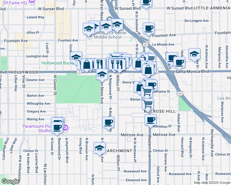 map of restaurants, bars, coffee shops, grocery stores, and more near in Los Angeles