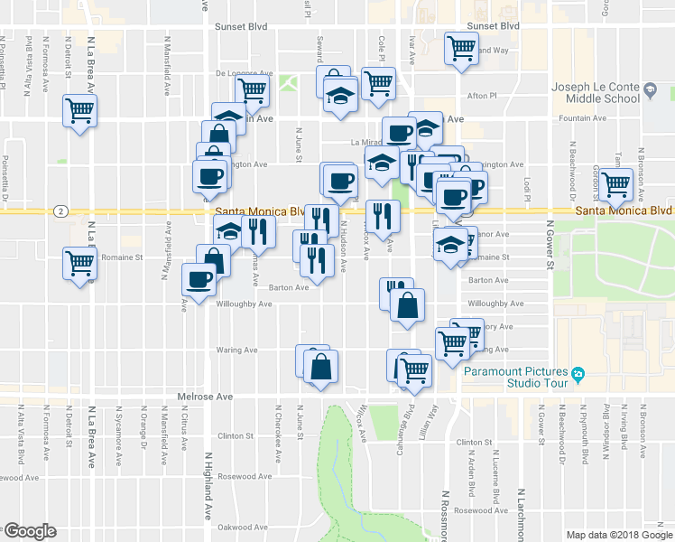 map of restaurants, bars, coffee shops, grocery stores, and more near in West Hollywood