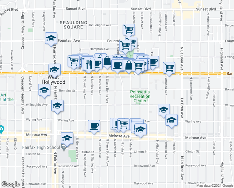 map of restaurants, bars, coffee shops, grocery stores, and more near in West Hollywood