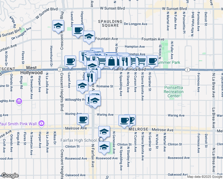 map of restaurants, bars, coffee shops, grocery stores, and more near 1004 1/2 North Ogden Drive in West Hollywood