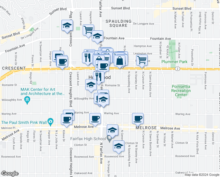 map of restaurants, bars, coffee shops, grocery stores, and more near 1001 North Orange Grove Avenue in West Hollywood