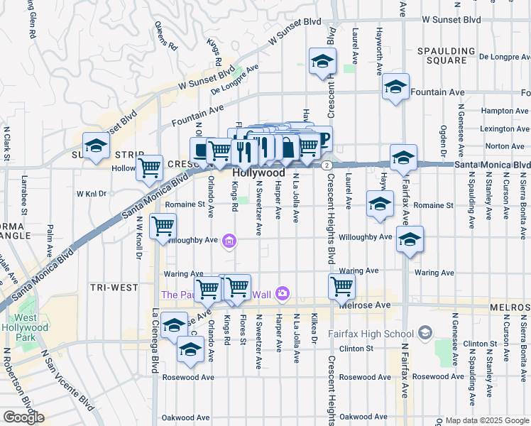 map of restaurants, bars, coffee shops, grocery stores, and more near 1005 North Harper Avenue in West Hollywood