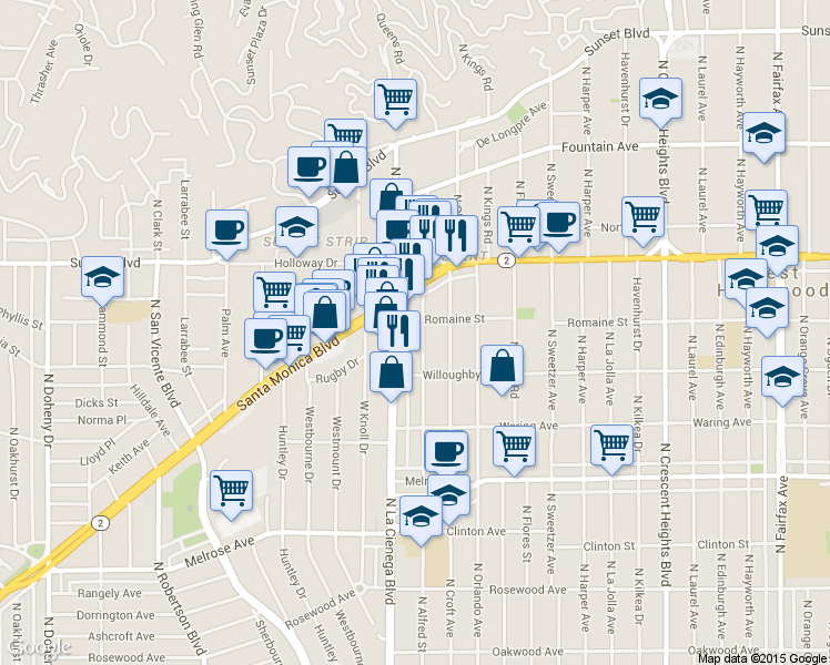 map of restaurants, bars, coffee shops, grocery stores, and more near 1007 North Alfred Street in West Hollywood