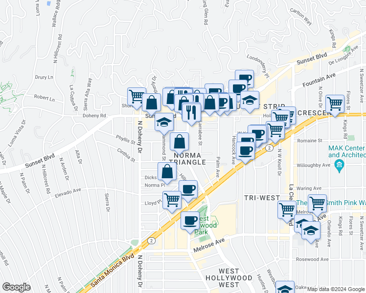 map of restaurants, bars, coffee shops, grocery stores, and more near 955 North San Vicente Boulevard in West Hollywood