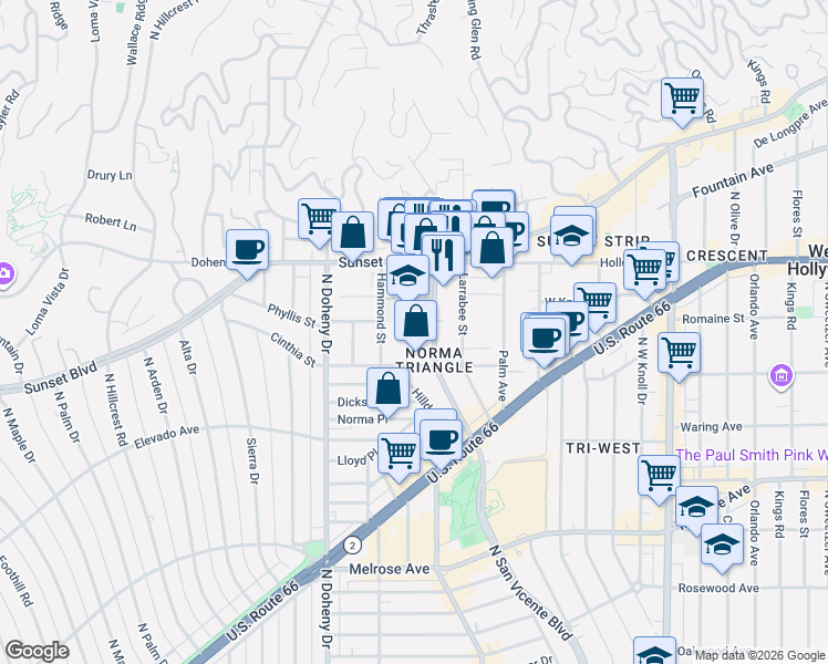 map of restaurants, bars, coffee shops, grocery stores, and more near 955 North San Vicente Boulevard in West Hollywood
