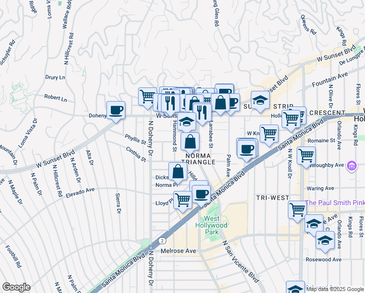 map of restaurants, bars, coffee shops, grocery stores, and more near 967 Hammond Street in West Hollywood