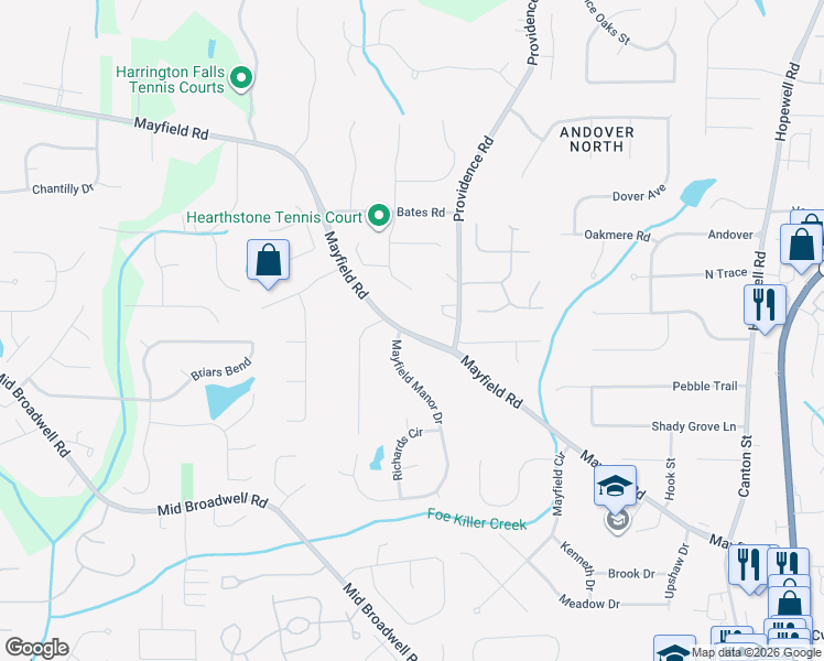 map of restaurants, bars, coffee shops, grocery stores, and more near 12610 Providence Road in Alpharetta