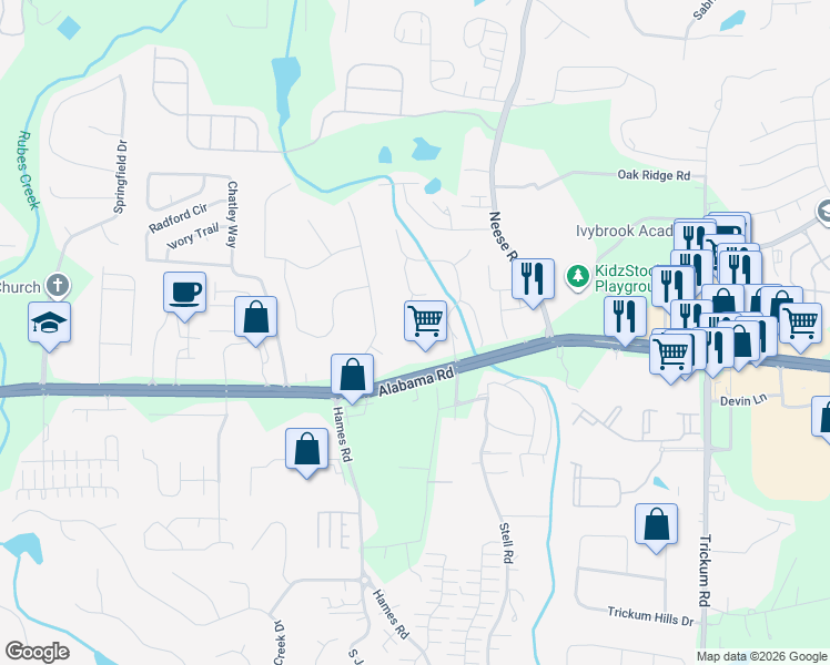 map of restaurants, bars, coffee shops, grocery stores, and more near 706 Amy Court in Woodstock
