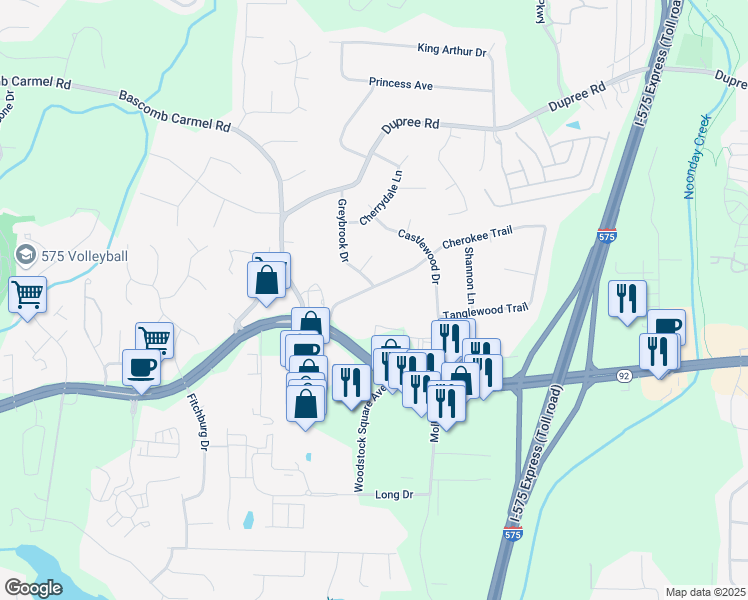 map of restaurants, bars, coffee shops, grocery stores, and more near 1040 Cherokee Trail in Woodstock