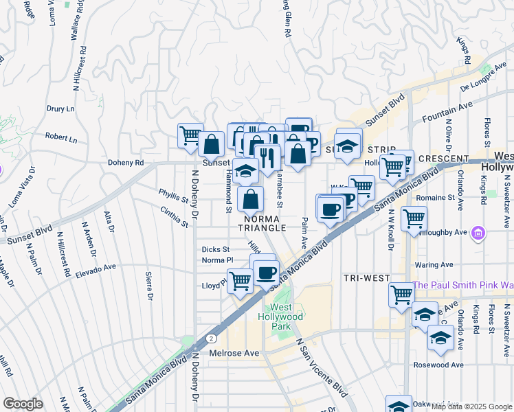 map of restaurants, bars, coffee shops, grocery stores, and more near 941 North San Vicente Boulevard in West Hollywood