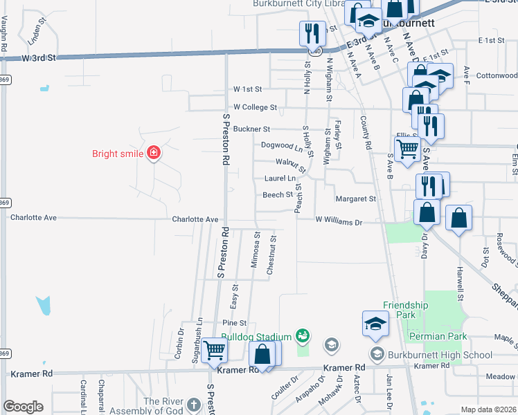 map of restaurants, bars, coffee shops, grocery stores, and more near 605 Mimosa Street in Burkburnett
