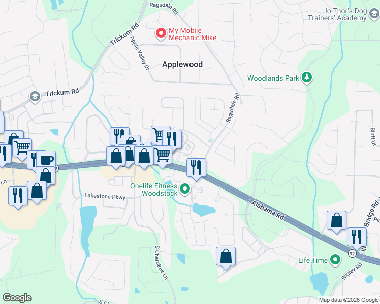 map of restaurants, bars, coffee shops, grocery stores, and more near 250 Village Square Drive in Woodstock