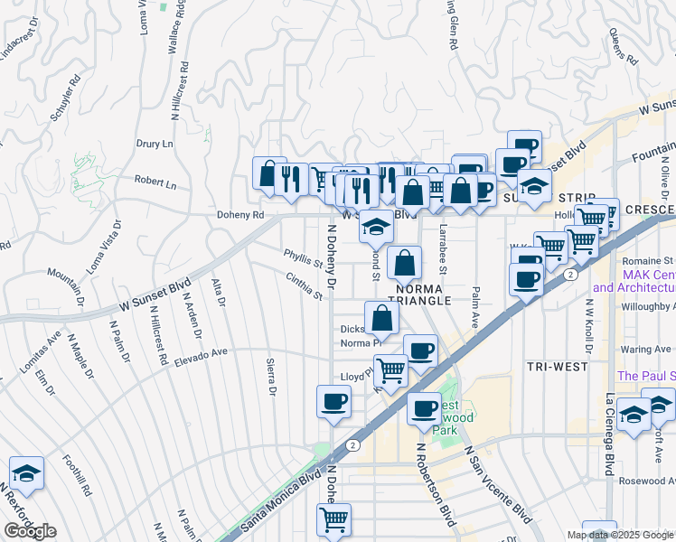 map of restaurants, bars, coffee shops, grocery stores, and more near 940 North Doheny Drive in West Hollywood