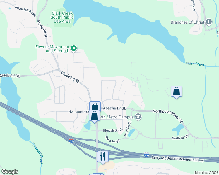 map of restaurants, bars, coffee shops, grocery stores, and more near 212 Kiowa Court Southeast in Acworth