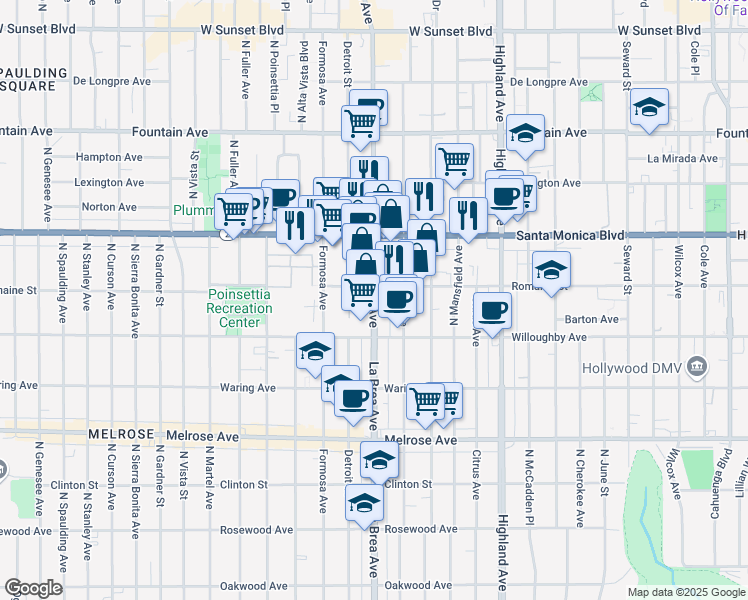 map of restaurants, bars, coffee shops, grocery stores, and more near 962 North La Brea Avenue in Los Angeles