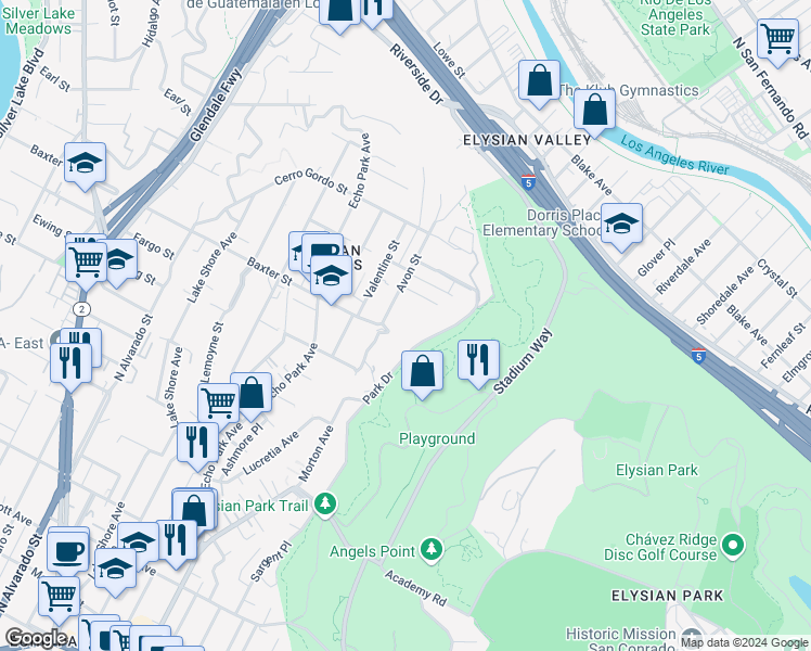 map of restaurants, bars, coffee shops, grocery stores, and more near 2100 Avon Street in Los Angeles