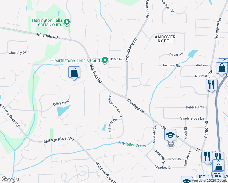 map of restaurants, bars, coffee shops, grocery stores, and more near 12610 Providence Road in Alpharetta