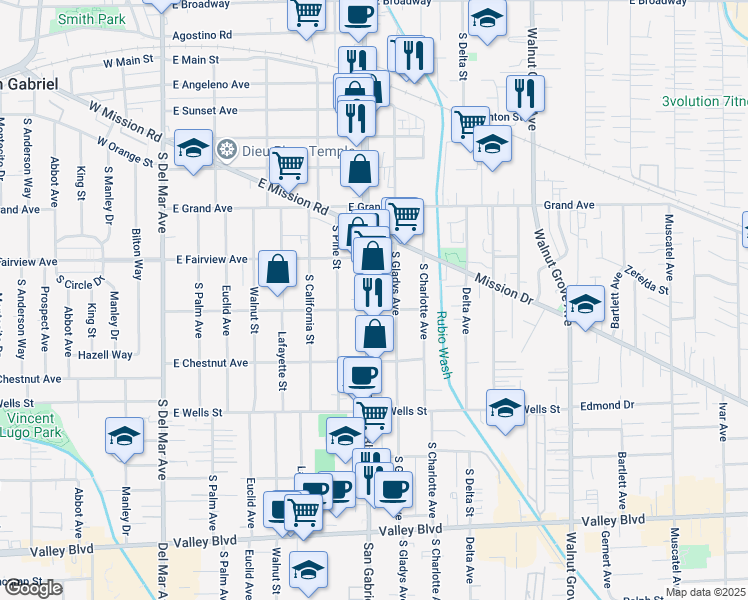 map of restaurants, bars, coffee shops, grocery stores, and more near 1046 San Gabriel Boulevard in San Gabriel