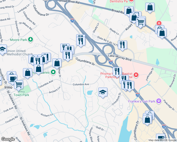 map of restaurants, bars, coffee shops, grocery stores, and more near 33 Olde Stream Court in Irmo