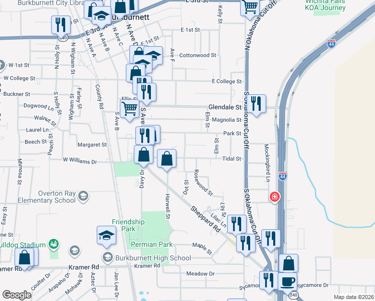 map of restaurants, bars, coffee shops, grocery stores, and more near 414 Roberts Street in Burkburnett