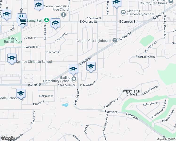 map of restaurants, bars, coffee shops, grocery stores, and more near 1849 East Adams Park Drive in Covina
