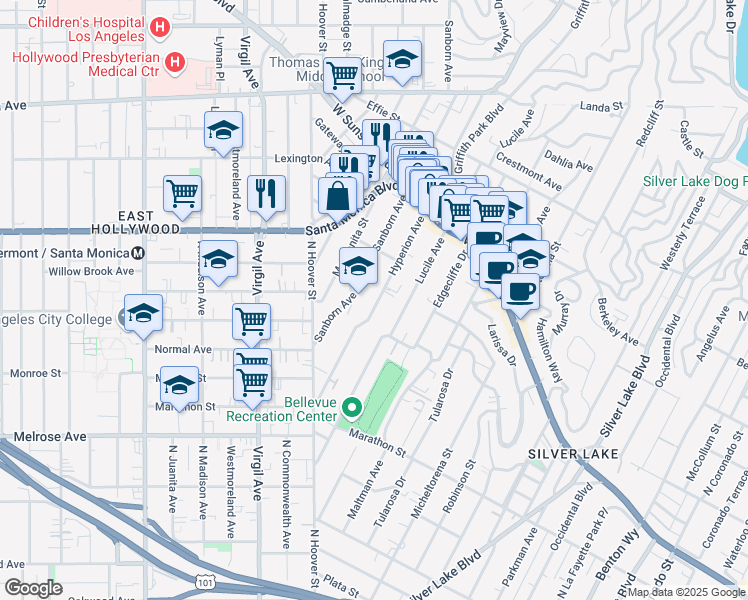 map of restaurants, bars, coffee shops, grocery stores, and more near 927 Hyperion Avenue in Los Angeles