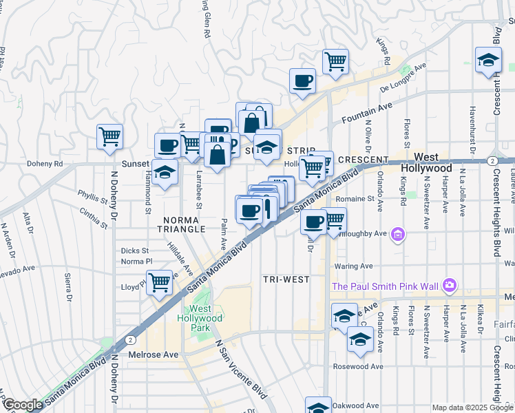 map of restaurants, bars, coffee shops, grocery stores, and more near 980 Hancock Avenue in West Hollywood