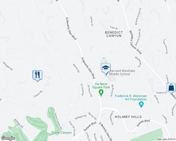 map of restaurants, bars, coffee shops, grocery stores, and more near 727 North Beverly Glen Boulevard in Los Angeles